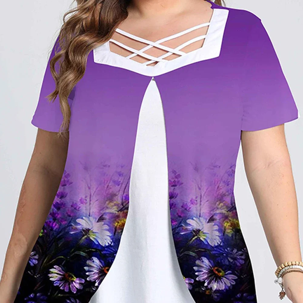 Plus Size Summer Casual Purple Ombre Floral Print Cross Strap Short Sleeve Blouses