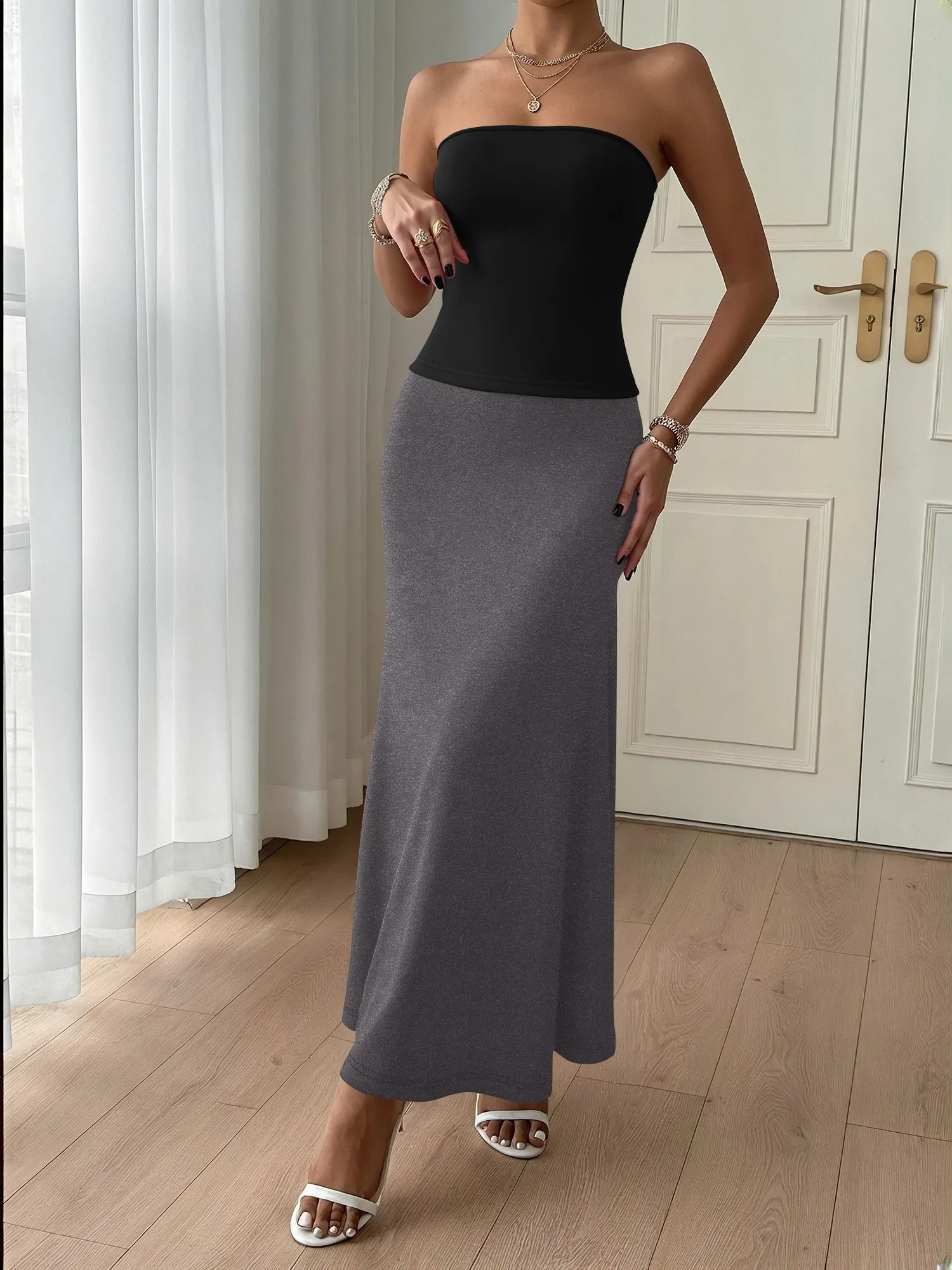 

European Style Solid Color Tube Top High Waist Mermaid Maxi Skirt Set Women Elegant Commute Date Outfit