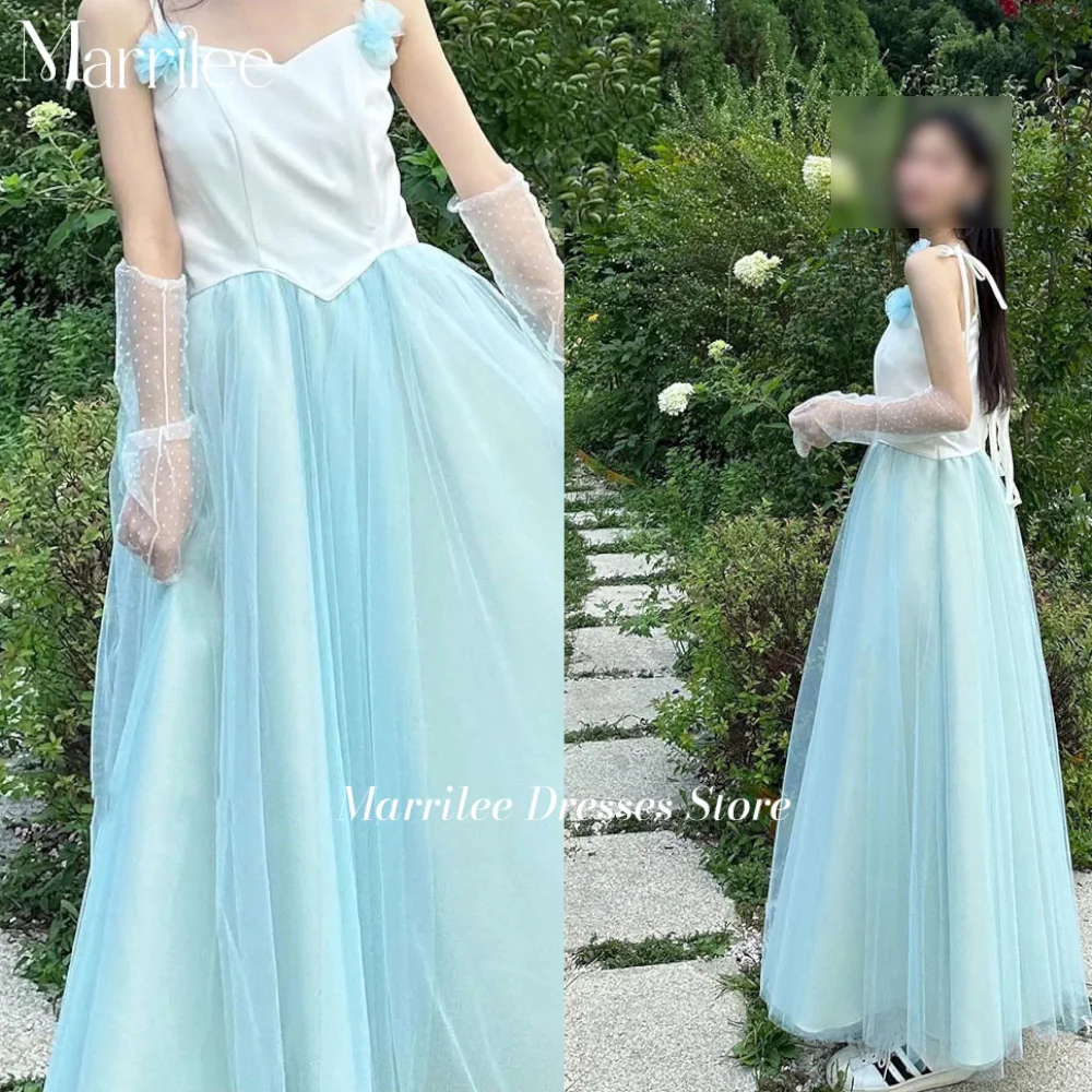 Marrilee Light Blue Wedding Dresses Tulle Appliques Spaghrtti Straps Lace Wedding Glove Sweetheart Bride Gown Dress For Girls