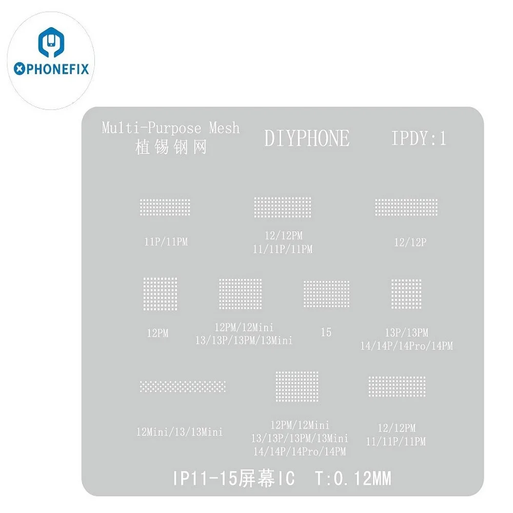 DIYPHONE IPDY1 0.12mm BGA Reballing Stencil Template for iPhone 11 12 13 14 15 LCD Screen Chip Multi-Purpose Tin Steel Mesh Tool