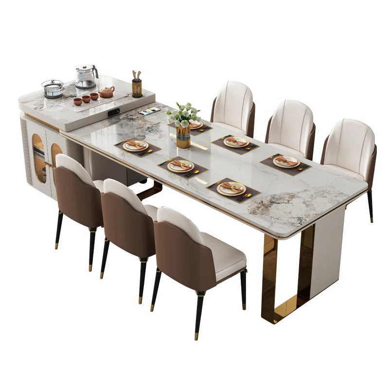 Light Luxury Rock Plate Island Platform Integrated Italian Dining Table with Scalable and Mobile Dual purpose Tea Making Table