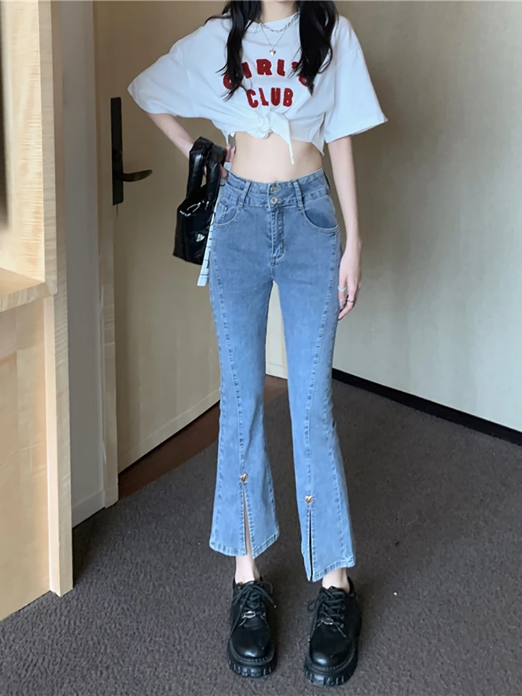 

High Waist Slimming Summer Thin Split Denim Jeans Women plus Size Nine Points Micro Flared Pants Tapered Leg Jeans