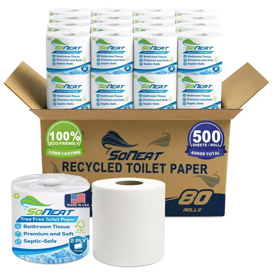 Papel higiénico a granel Papel higiénico seguro séptico 40,000 hojas suaves 80 rollos x 500 hojas cada amplificador de fibra reciclada Papel de baño fuerte M