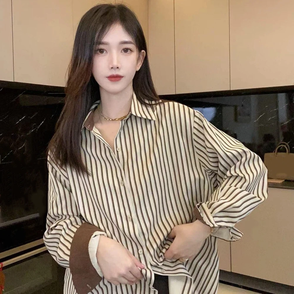 

V-neck Women Stripe Shirts Tops Long Clothing Sleeves Leisure Lapel Korean Style Blouse Apricot Coffee Simple