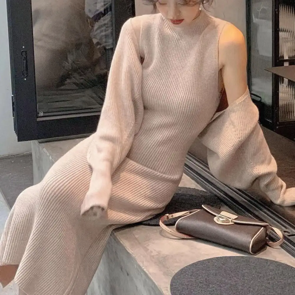 

Stylish Elegant Women Dress Elegant Women's High-waist Knitted Dress Set Half Turtleneck Long Sleeves Slim for Evening for Women