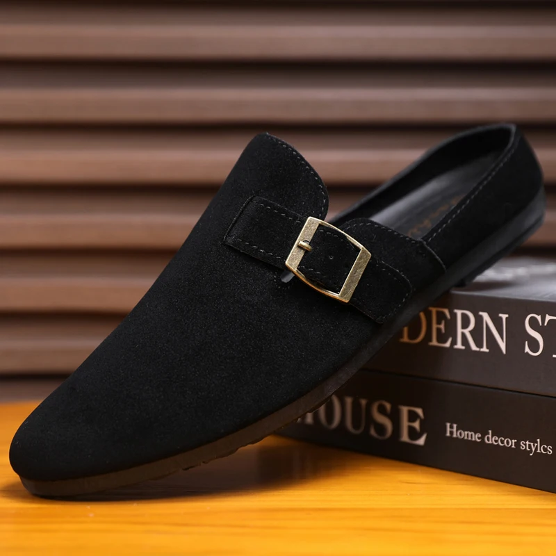 

Летние замшевые кожаные сабо, мужские лоферы с открытой спиной, тапочки, полуботинки для мужчин, повседневная обувь с открытой спиной, сандалии без шнуровки на плоской подошве