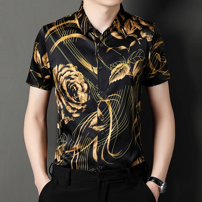 

Yellow Floral 3D Print Real Silk Men Shirt Short Sleeved Fashion Summer Quality Soft Comfortable Easy Care Banquet Chemise Homme