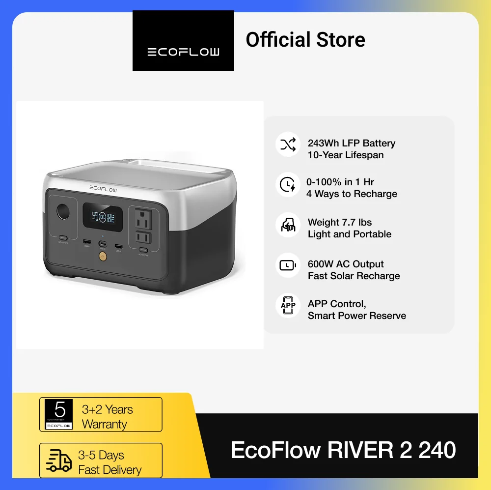 ECOFLOW Portable Power Station RIVER 2, 243Wh LiFePO4 Battery/ 1 Hour Fast Charging, 2 Up to 600W AC Outlets, Solar Generator