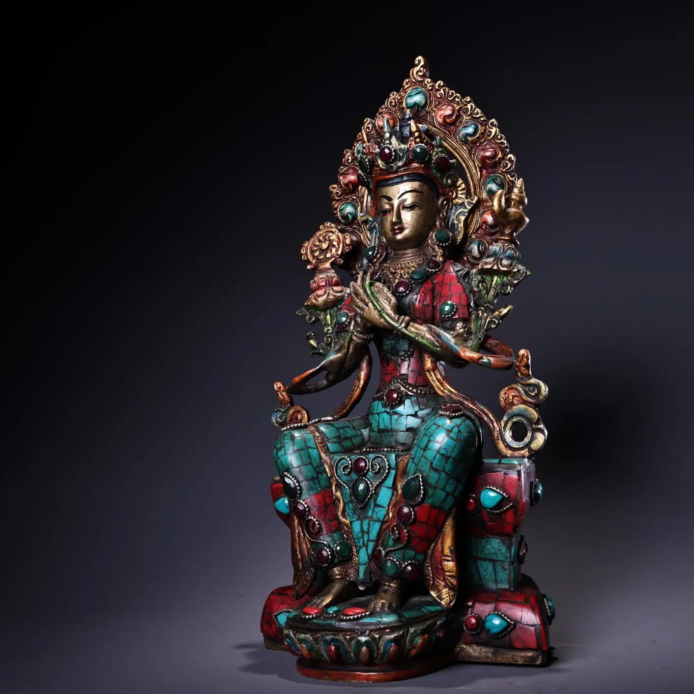 Nepal Pure Copper Maitreya Buddha Statue Gem Inlaid Painted Home Altar Decor Collectible