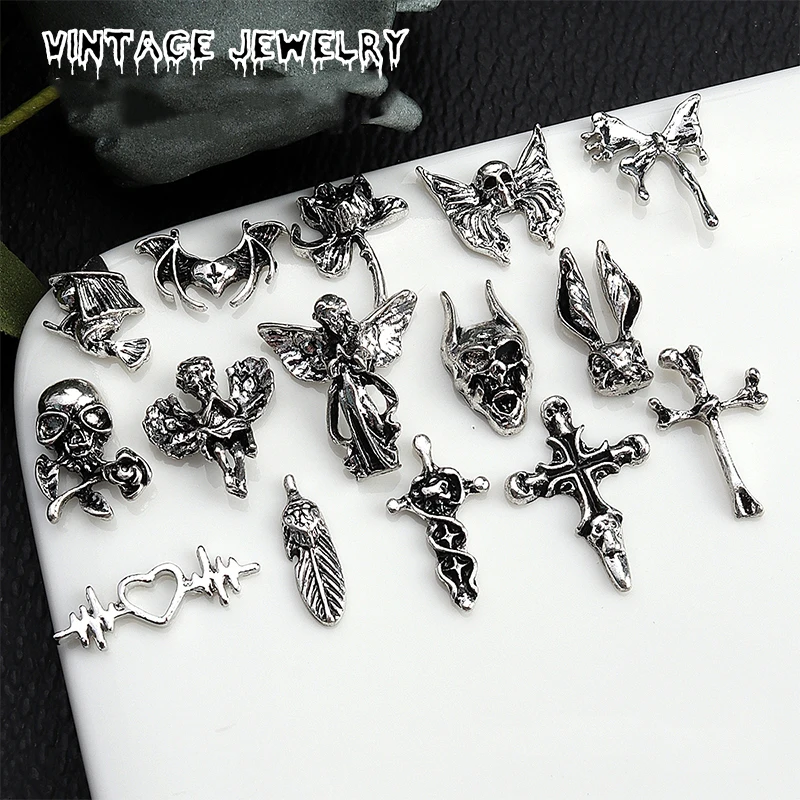 15/20PCS Vintage Dark Punk Witch Demon Angel Skull Butterfly Wishing Bone Cross Alloy Nail Art Rhinestones Jewel Manicure Charms