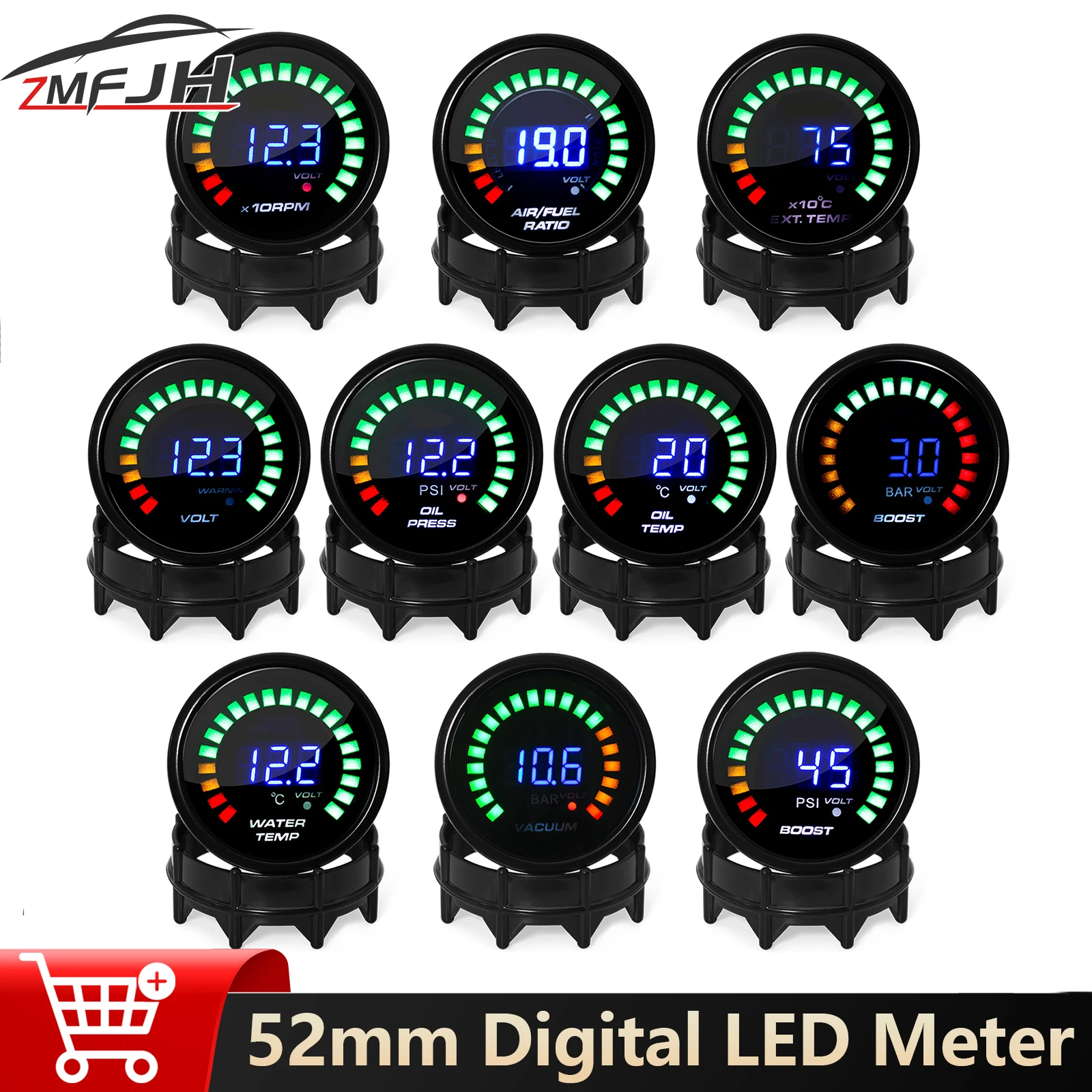 

52mm Digital LED Water Temp Tachometer Boost BAR PSI Vacuum Oil Temp Oil Press Voltage Air Fuel Ratio Exhaust Temp Gauge 12V
