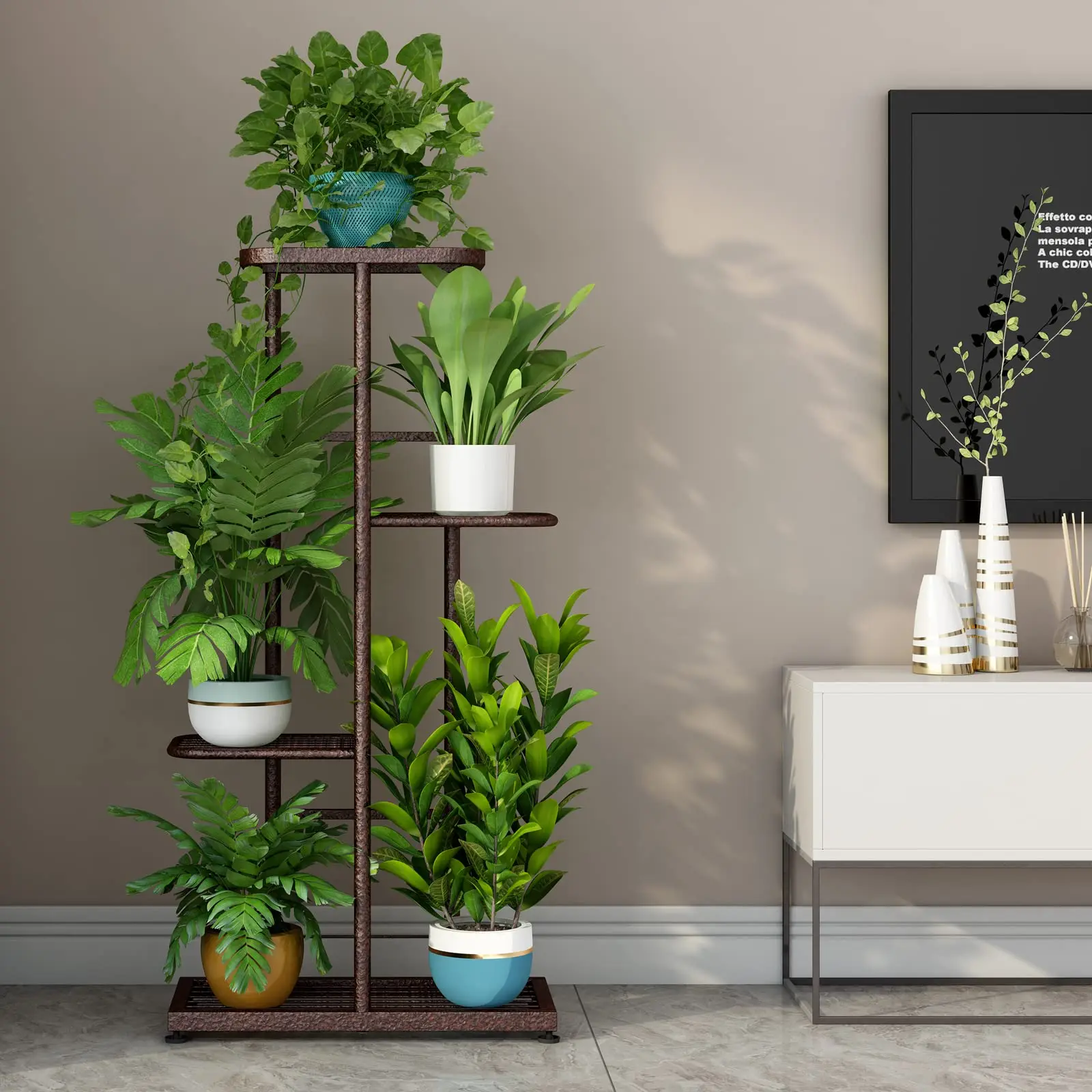 Metal Plant Stand Indoor Outdoor 4 Tier 5 Potted Flower Pot Holder Shelf Heavy Duty Iron Planter Display Shelving Unit Multiple Plants Rack for Corner Balcony Garden Patio Living Room Decor
