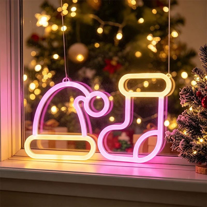 Christmas LED Neon Sign Dual‑Color Santa Hat Stocking Shape Neon Lamp USB Operated with Hanging Holes Xmas Wall Tabletop Ornamen
