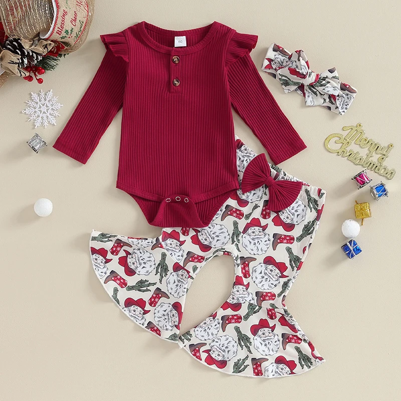 

Baby Girl Christmas Outfit Newborn My First Christmas Long Sleeve Romper Top Santa Claus Flared Pants Set 3Pcs Xmas Outfit