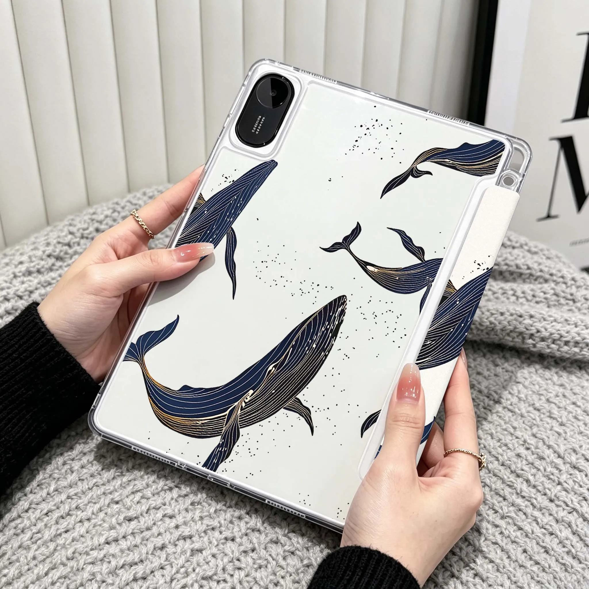 Blue Whale Art Case For Xiaomi Redmi Poco Pad 5 6 7 8 Pro SE 11 11.2 12.1 Inch Transparent Y-Shaped Folding Tablet