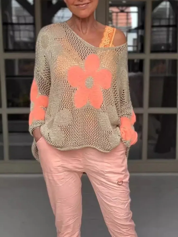 

BKLD Popular Flower Knitted Hollow Out V-Neck Tops 2026 Summer New Women Clothing Mesh Cover-Ups Beach Party Long Sleeve Tops