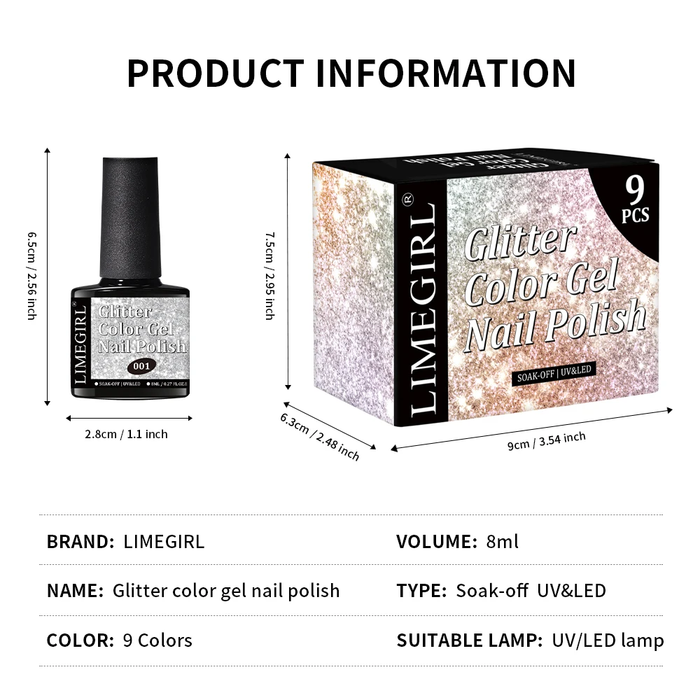 LIMEGIRL Glitter Color Gel Nail Polish 9 PCS Agile Starlight Gel Nail Polish Summer Xingchen Art DIY Manicure Gift for Art Women