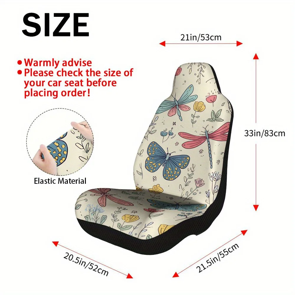 2pcs Spring Butterflies & Dragonflies Print Car Seat Covers - Durable Polyester Front Seat Protectors, Easy To Install & Washabl