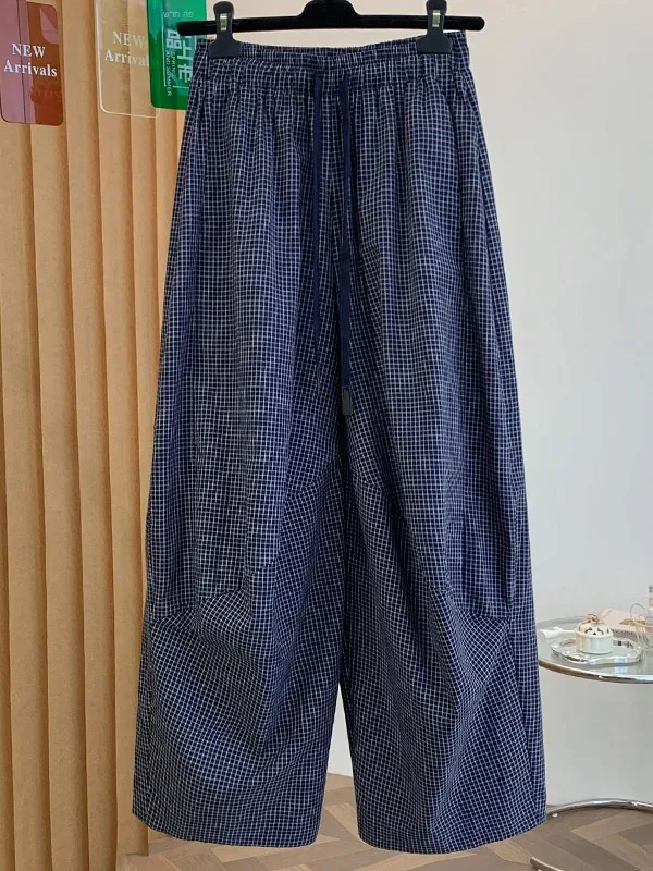 Comfortable Loose Wide Leg Casual Pants Women's Spring Summer Thin Vintage Small Grid Pattern Lazy Style Fashion Trend