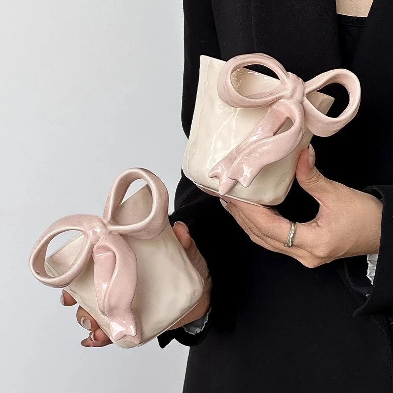 Elegant Bow Ceramic Mug Beautiful Aesthetic Coffee Cup Stylish Drinking Mug Premium Glazed Tea Cup Chic Home Office Drinkware