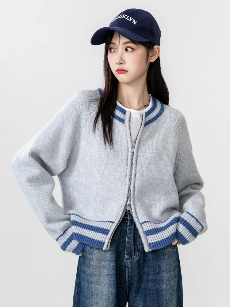 Zoki Vintage Striped Cardigan Sweaters Women Casual Loose Knitted Baseball Jackets Fall Preppy Style Lady Double Zipper Tops New