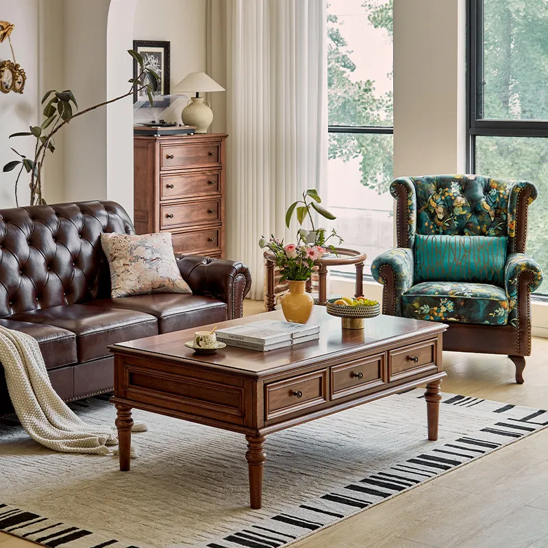 Single wooden leather cloth sofa retro living room balcony casual chair