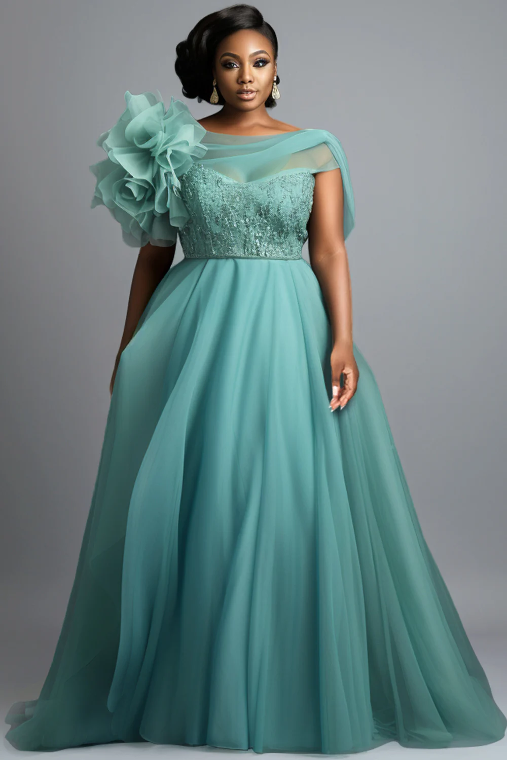 

Plus Size Formal Sage Green Round Neck One Shoulder 3D Elegant Tulle Maxi Dresses