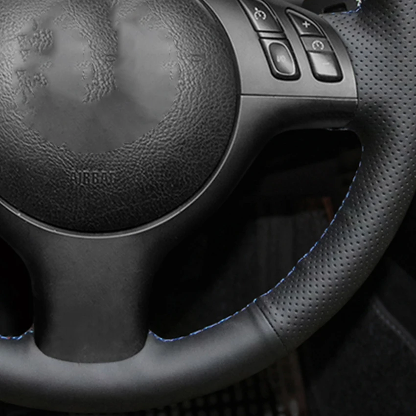 Black Faux Leather Car Steering Wheel Cover for BMW M Sport 3 Series M3 E46 5 Series M5 E39 2000-2006