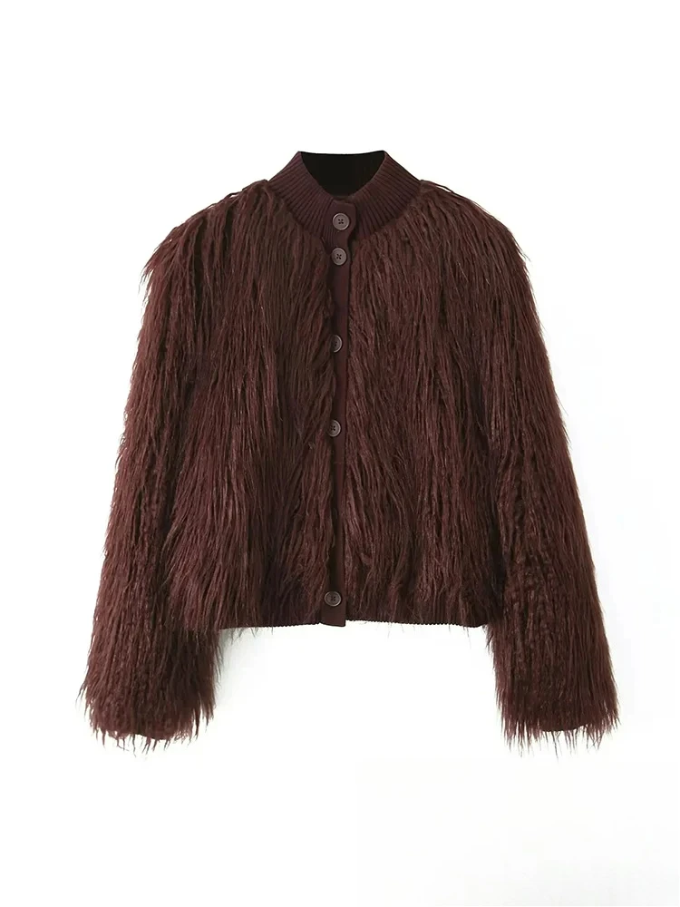 

KONDALA винтажные женские куртки из искусственного меха, однотонное теплое пальто с круглым вырезом и длинными рукавами на пуговицах, шикарная новая модная осенняя верхняя одежда 2025 г.