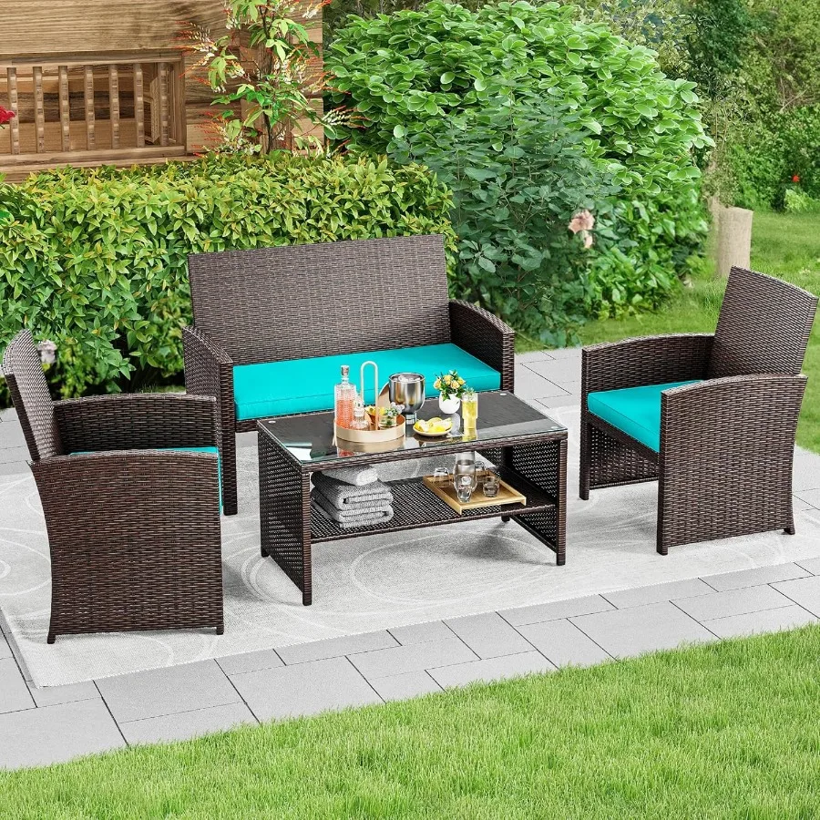 YITAHOME Patio Furniture Wicker Outdoor Bistro Set 4Piece All Weather Rattan Conversation Loveseat for Backyard Balcony and Dec