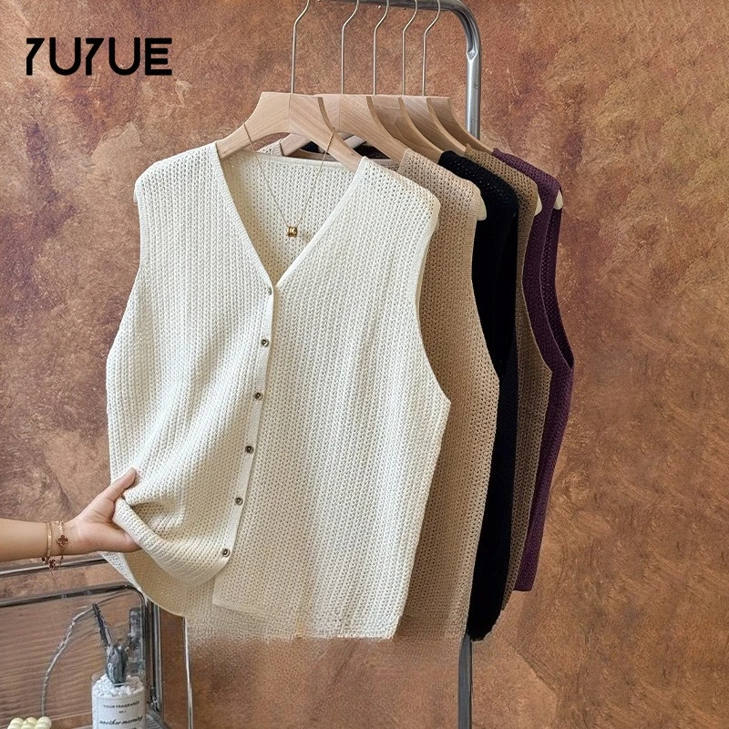 

Yuyue's New Silk Knitted Vest V-neck Casual Versatile Mulberry Silk Sleeveless Cardigan Hollowed Design 63.9% Mulberry Silk