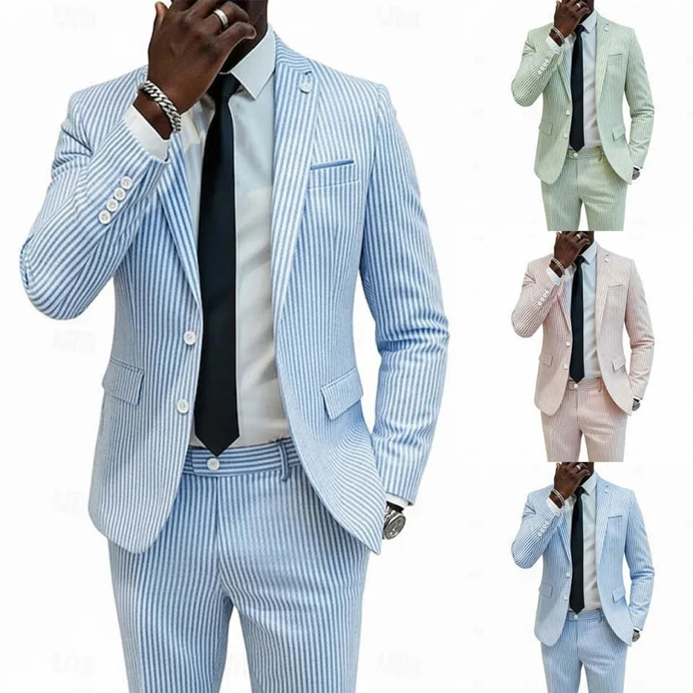 

Men Suits Seersucker Striped Groom Tuxedos Groomsman Suit Notch Lapel Wedding Suit Striped Dinner Suit