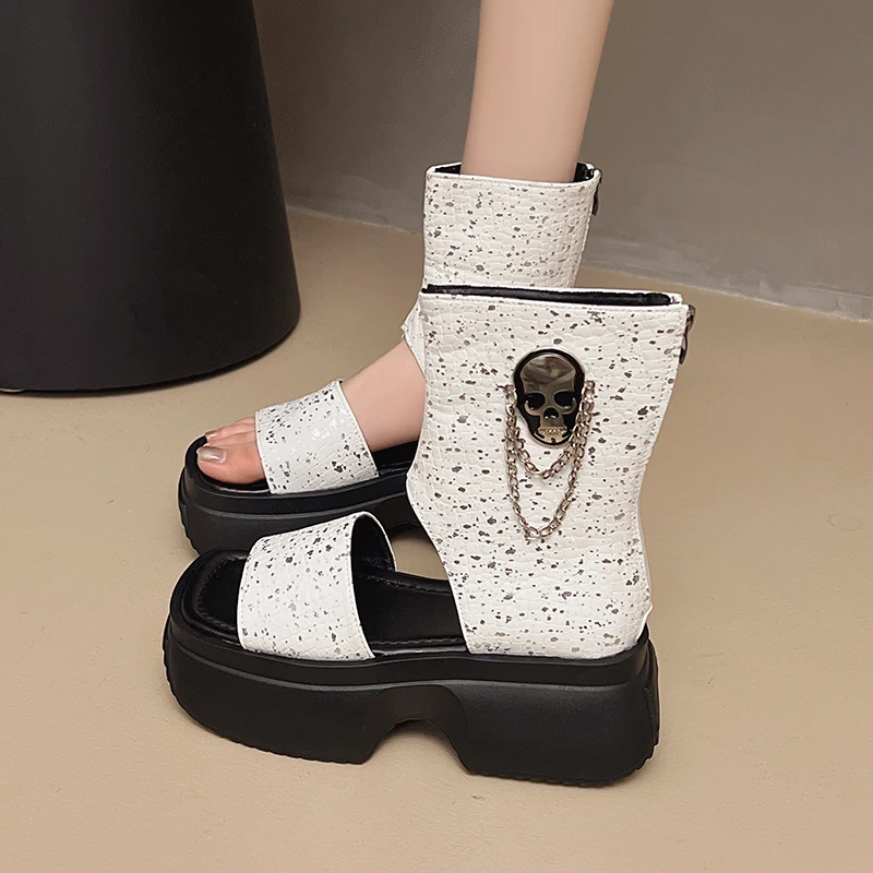 

Waterproof Platform High Heel Sandals Summer New Round Head Open Toe Metal Buckle Chain Non-slip Back Zipper Cool Boots