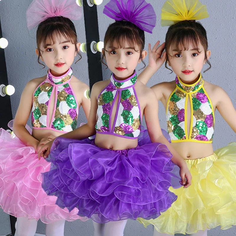 3PCS Girls Modern Jazz Ballet Latin Dance Costume Outfit Kid Sleeveless Shiny Sequins Crop Top with Tassel Skirted Set Dancewear