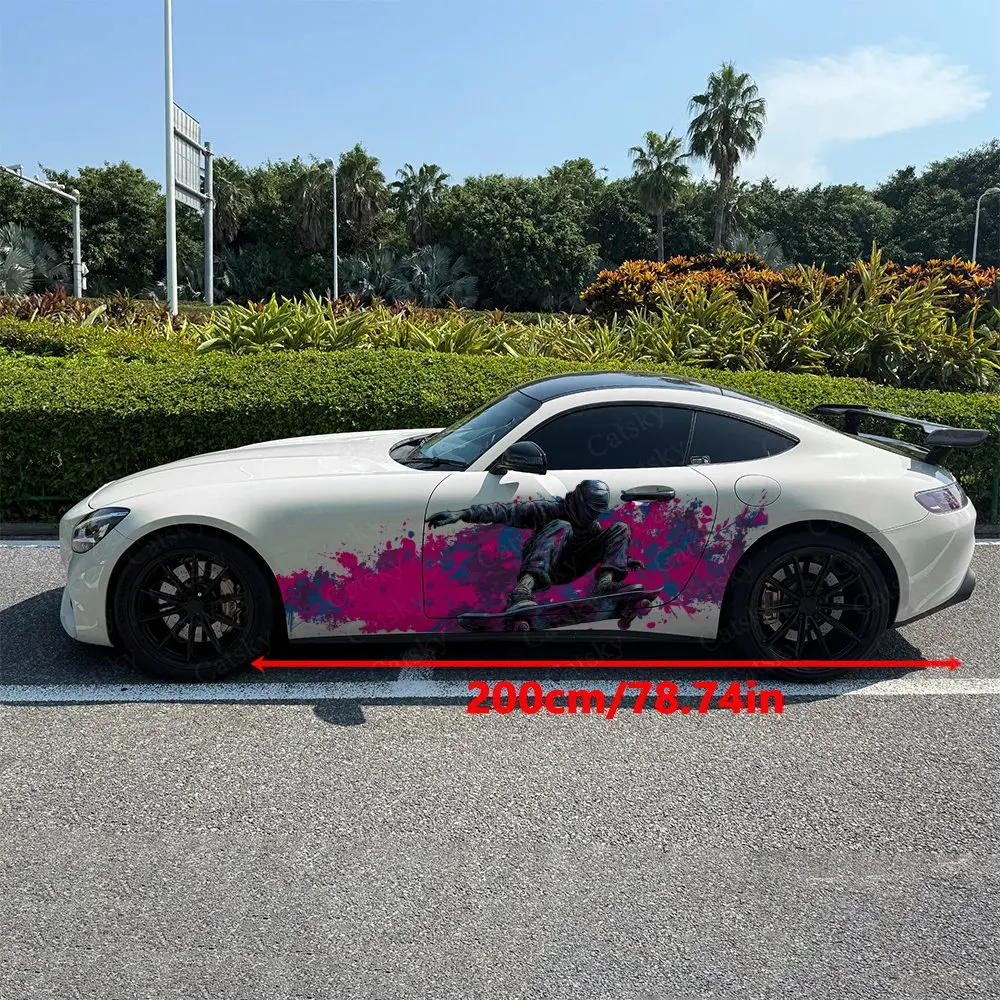 2pcs Skateboarding Boy Stickers Car Stickers; Full-body Floral Decoration Covering Scratches; Waterproof Car Vinyl Wraps