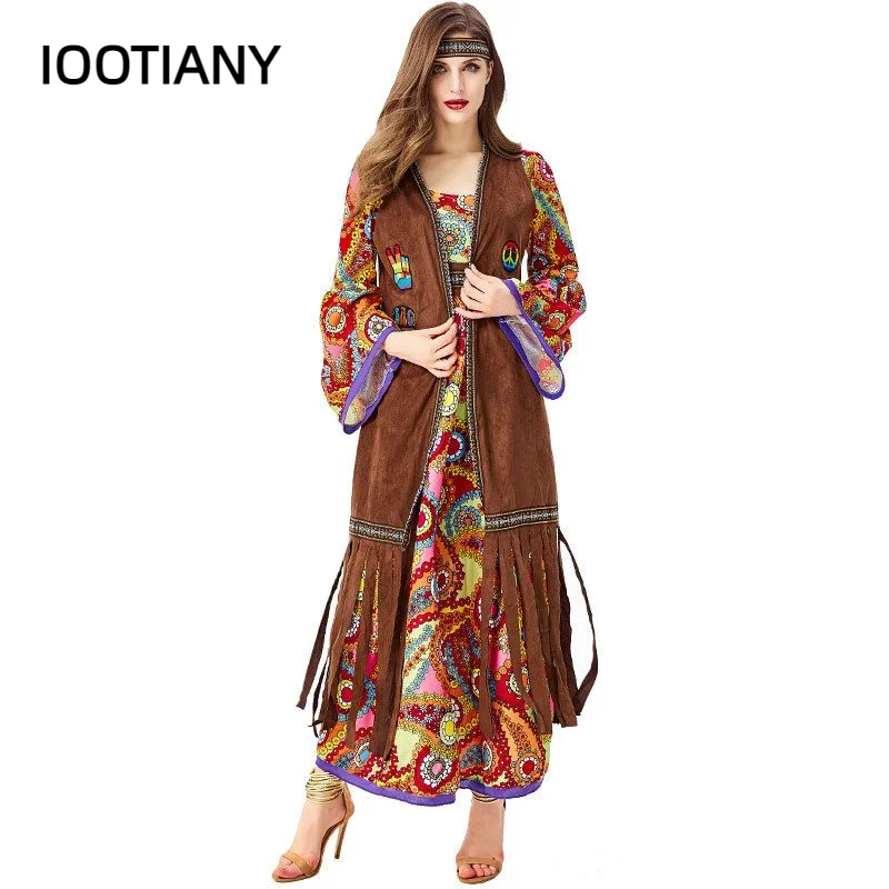 Adult Hippie Costume Set Indian Tassels Hippie Dress 60s 70s Peace For Women Halloween Masquerade Cosplay Dress Up Party Outfits