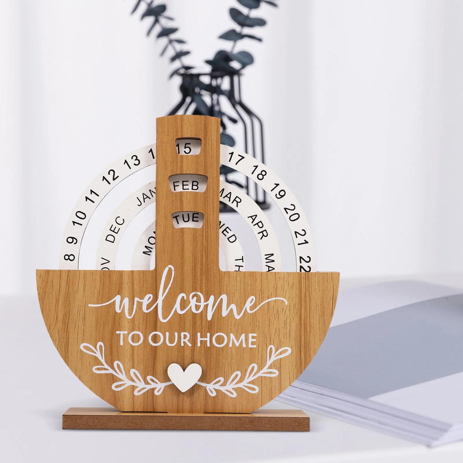 Perpetual Disc Calendar Crafted from Natural Wood Desktop Standing Calendar with Rotating Rings for Date Month Week Modern