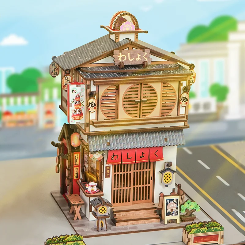 Diy 3d quebra-cabeça de madeira restaurante japonês caixa armazenamento desktop kits modelo em miniatura casa quebra-cabeças para amigos presentes aniversário