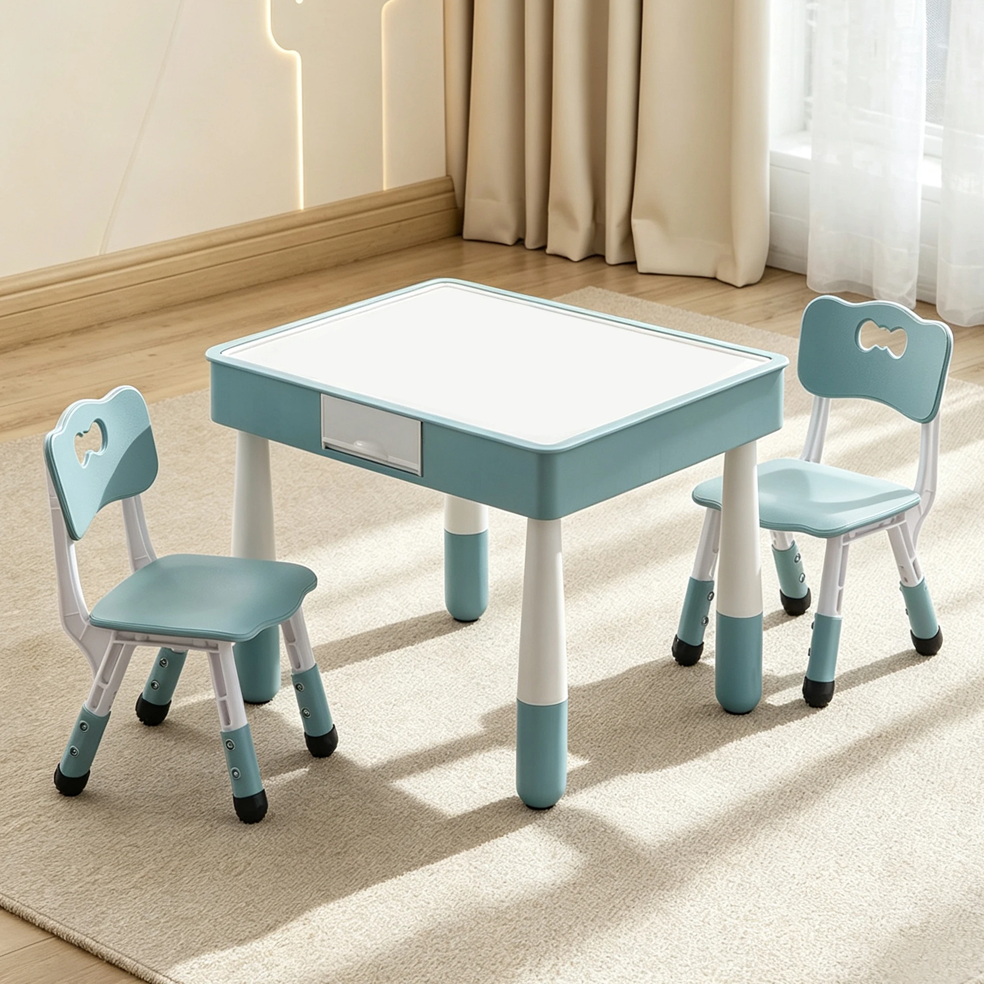 Kids 4 in 1 Table And 2 Chairs Set with Storage Toddler Desk And Chair Combo for Ages 3-10 Graffiti & Building Blocks Double-Sided Grayish Blue