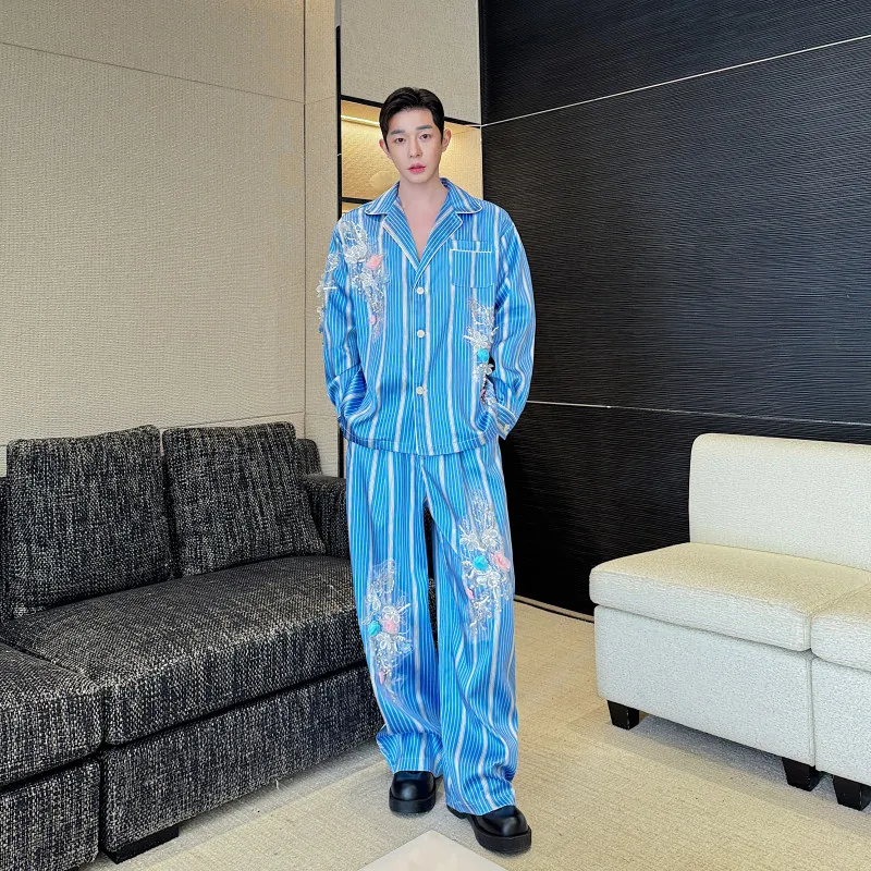 

Silk Smooth Shirt And Pants Set with Lace Trim Blue Stripes Embroidery for Men Spring Autumn Season Standard Fit Trendy Style