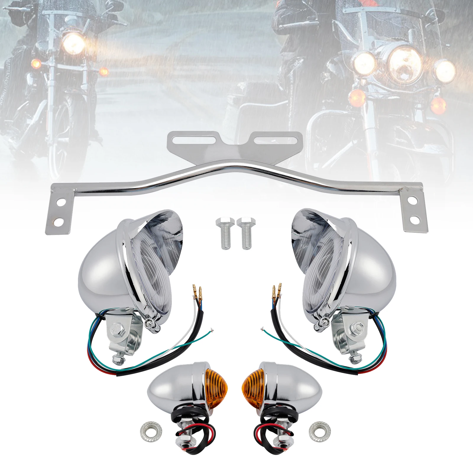 

Topteng Motorcycle Beam Headlight Fog Lamp Custom Chrome #D22 For Racer Bobber Chopper
