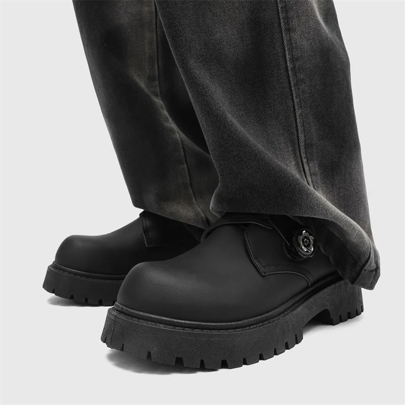 2026 Mens British Retro Wide Round-Toe Derby Shoes Chunky Platform Casual Leather Boots Trendy Streetwear Footwear for Wide Feet