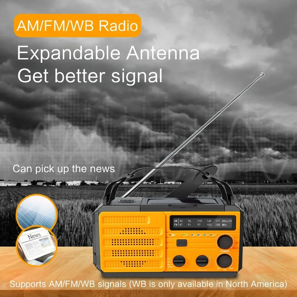 Hand Crank Portable Solar Emergency Weather Radio Flashlight, Rechargeable Battery Powered Radio, USB Charger, Flashlight, SOS