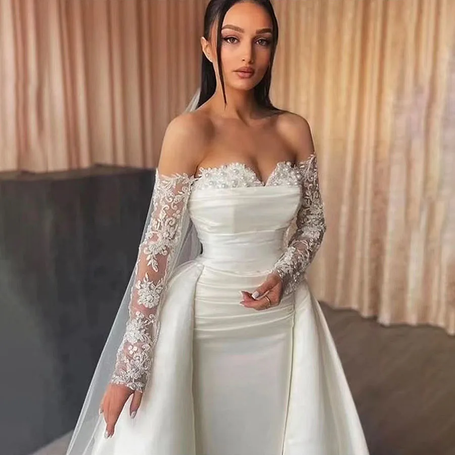 Gorgeous Mermaid Wedding Dresses Strapless Lace Full Sleeves Pearls Floor Length Women Detachable Train Elegant Bridal Gowns