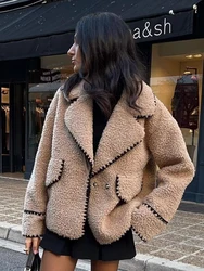 Winter New Faux Fur Jacket Fashion Long Sleeve Fleece Slim Fit Lamb Fur Coat Wool High Neck Woolen Coat Warm Overcoat Women