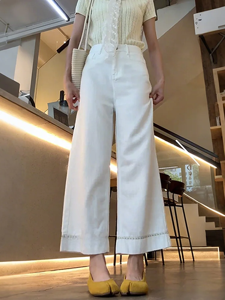 Vaqueros blancos de pierna ancha para mujer, cintura alta, holgados, adelgazantes, drapeados, de talla grande, informales, con cremallera, novedad de otoño