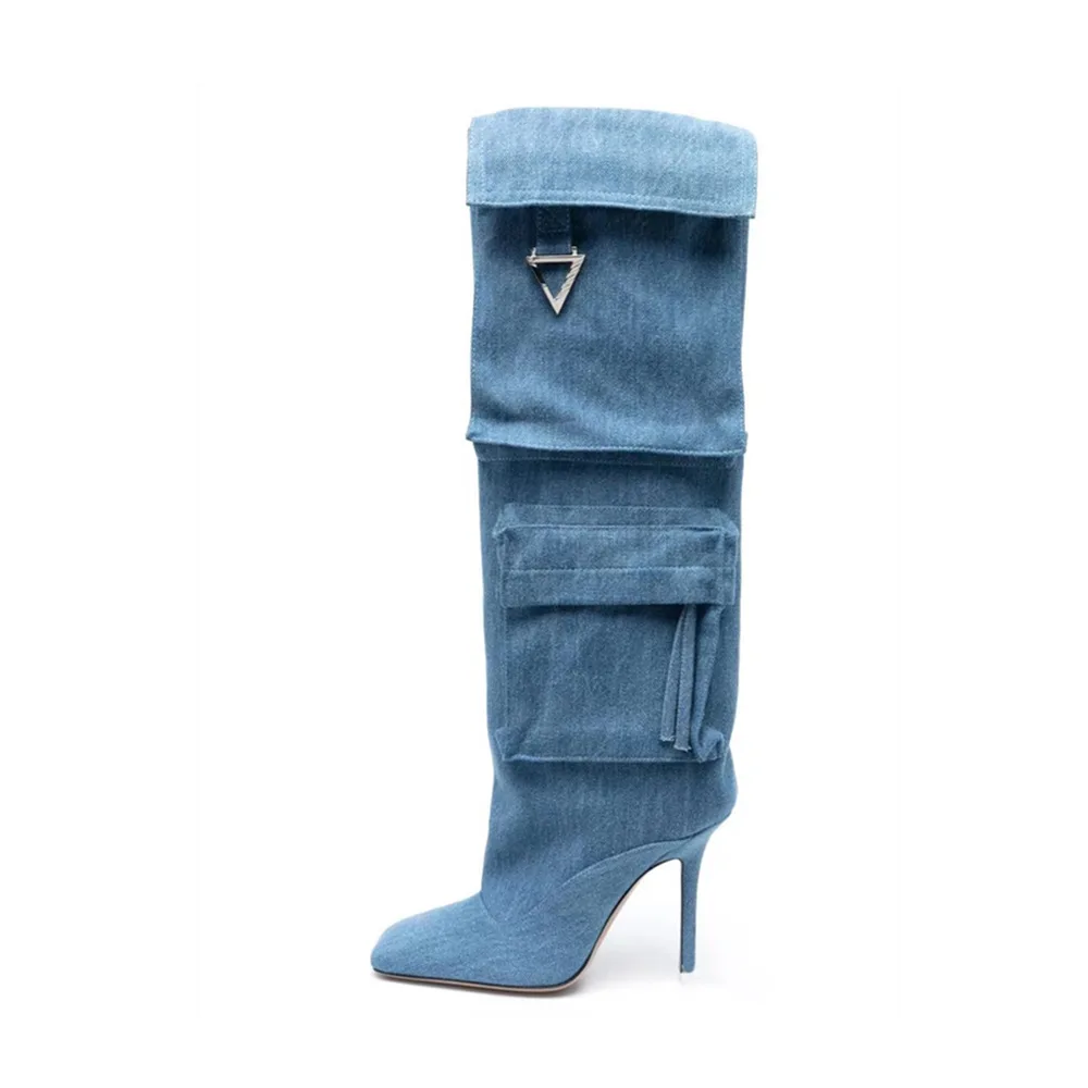 Women Knee High Boots Denim Pockets Pointed Toe Zipper Shoes Thin Heels Snow Female High-heeled Shoes Brand Chimney Boots