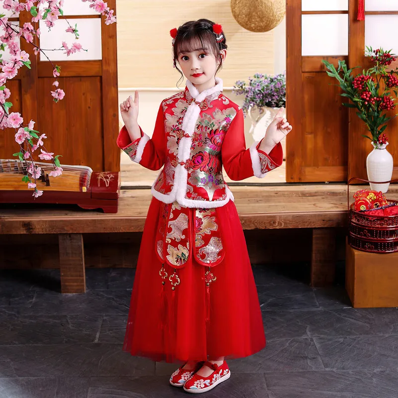 

Satin Red New Year's Dress Two-piece 2022 Winter Fur Collar Little Girl Performance Hanfu Christmas Dress Hallowane Cosplay