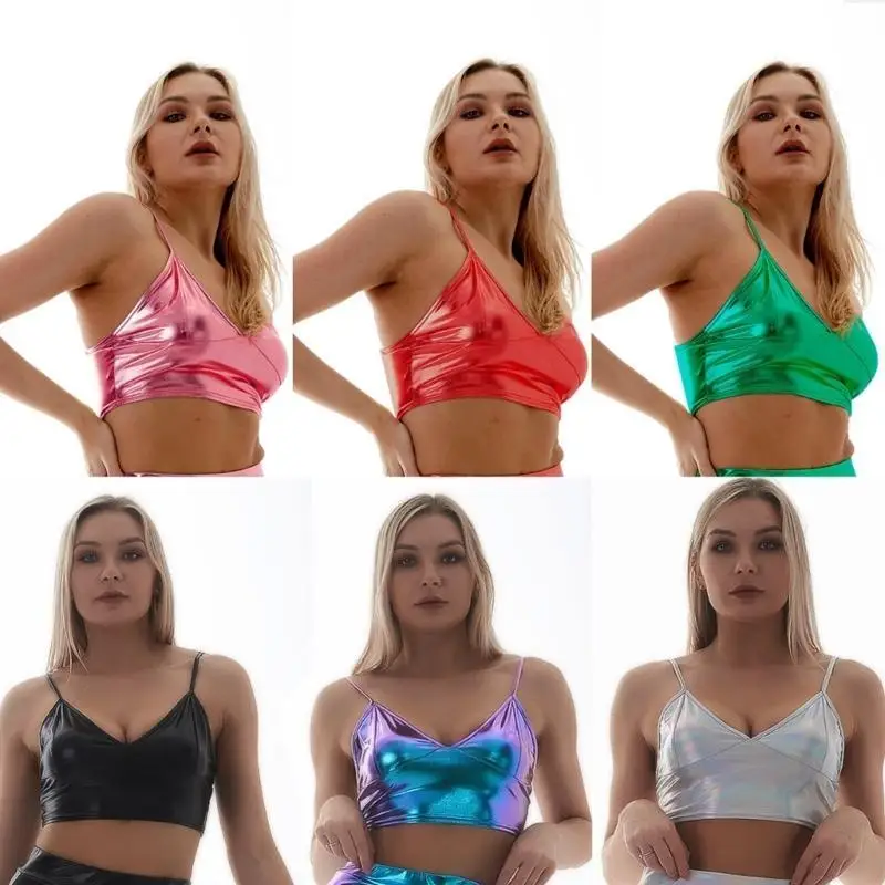 652F Adjustable Strap Shining Bustier Tanks Top for Women Metallic Wet Look Sport Bra