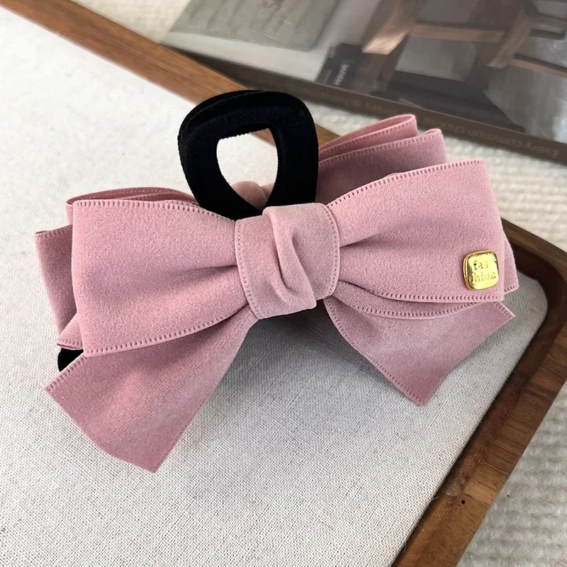 Fashion Bow Hair Claw Shark Clip Retro Suede Velvet Solid Color Hairpins for Womens Temperament Hair Clips Female Headdress Gift